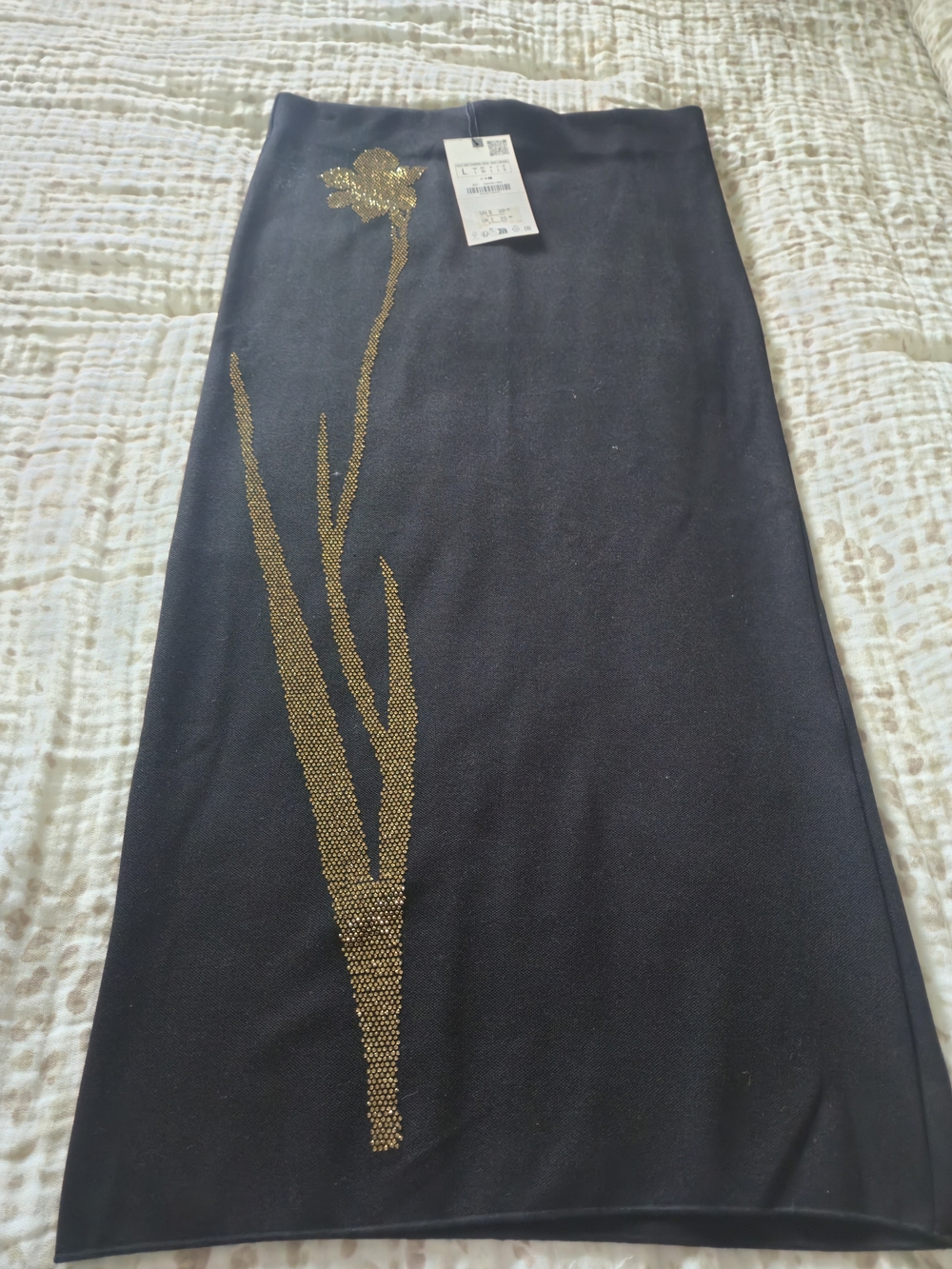 Zara Black Midi Skirt with Gold Floral Stem